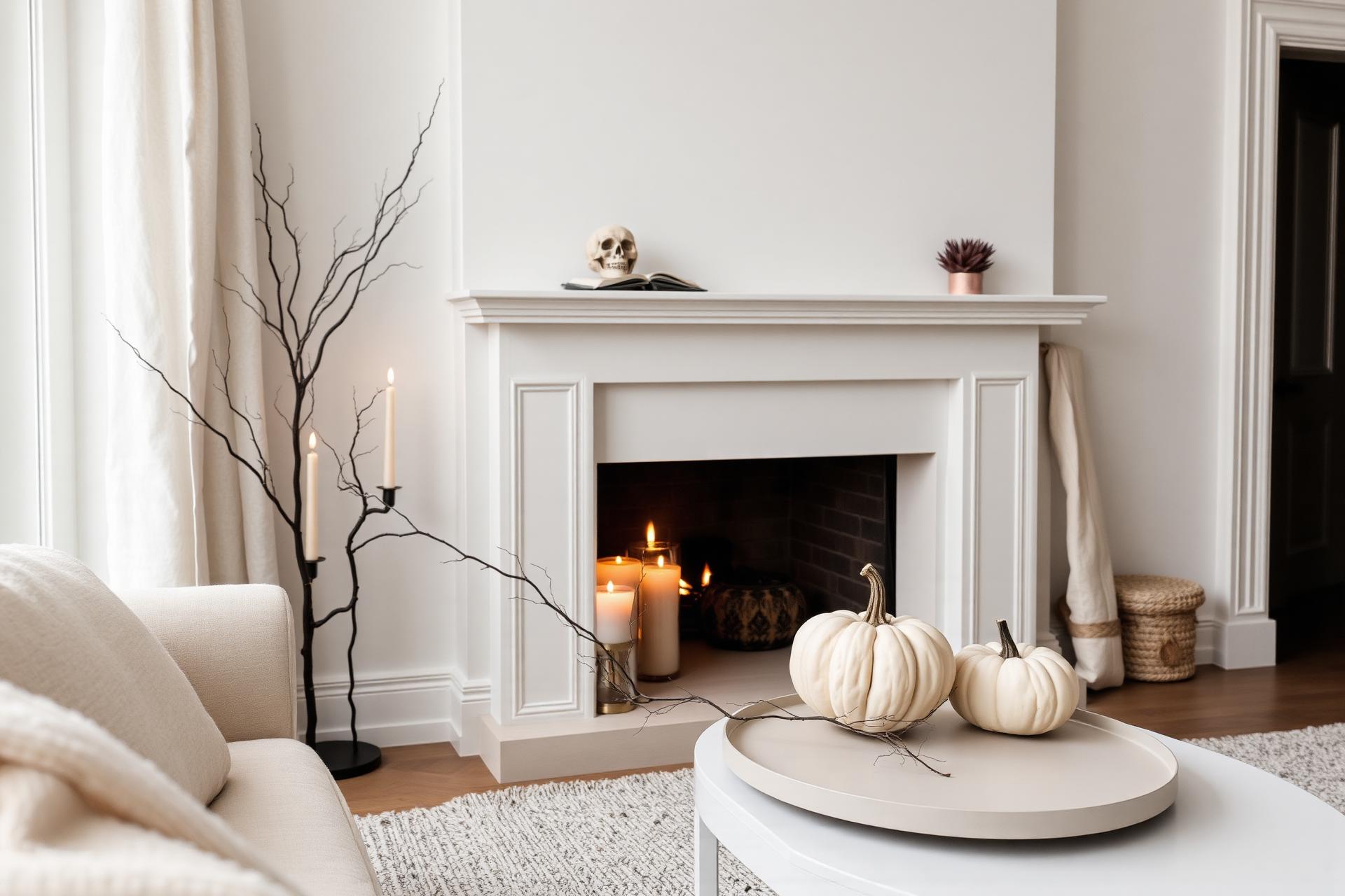 Elegant cream living room styled subtly for Hallowe'en with pale pumpkins and candlelight