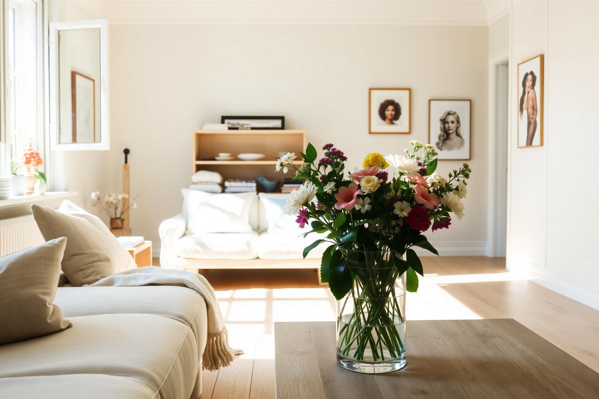 Sunlit cream living room with fresh summer flowers in a glass vase
